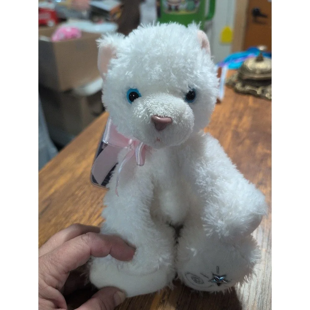 Russ Berrie 2006 Shining Stars White Cat Plush Stuffed Animal with Pink Bow